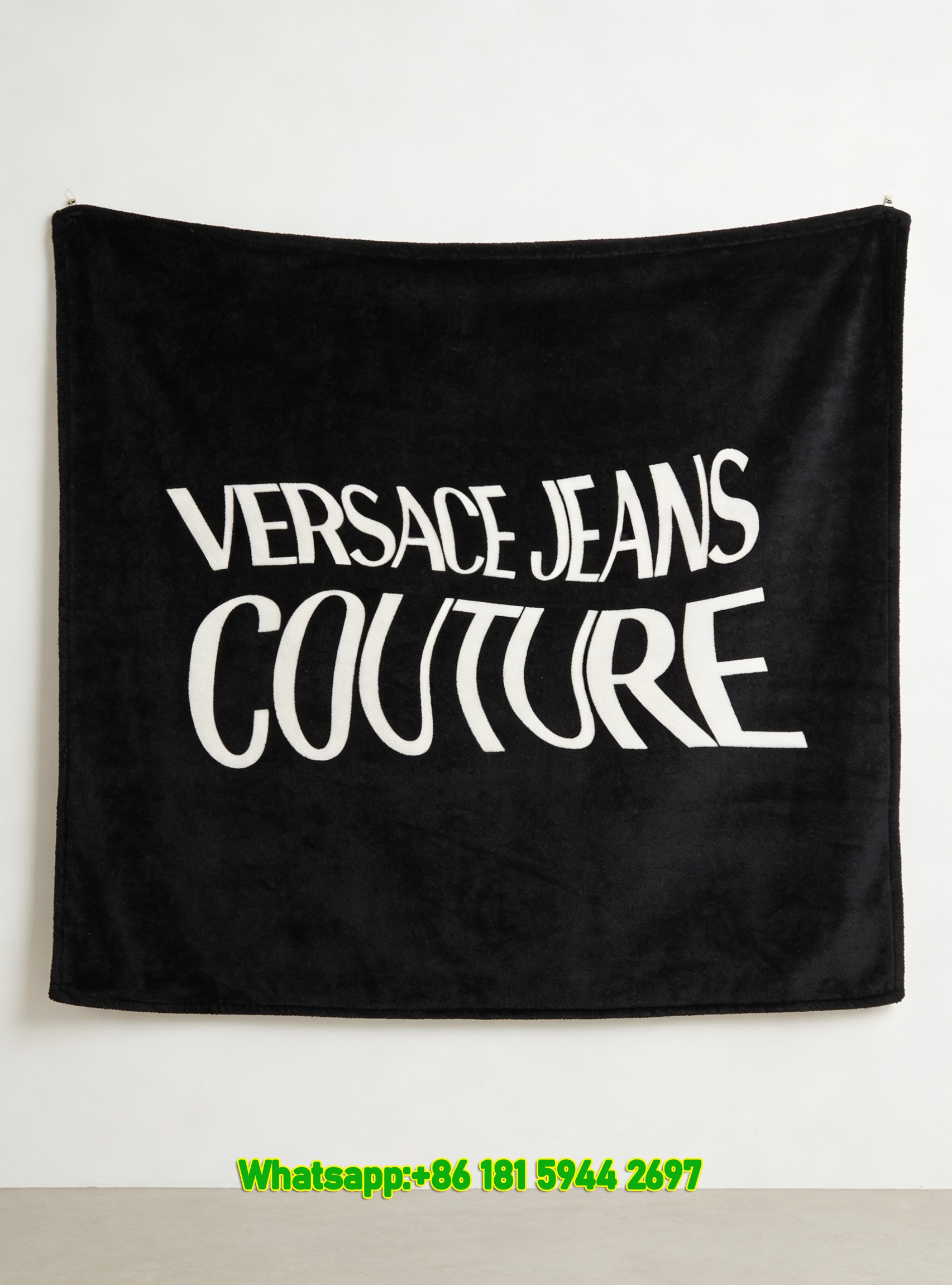 Versace Jeans Couture Black White Wavy Logo Printed Flannel Throw Blanket IMG_1252